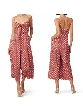 Haney Wide Leg Crop Silk-Like Bea Jumpsuit with Pockets in Coral Retro Floral 4